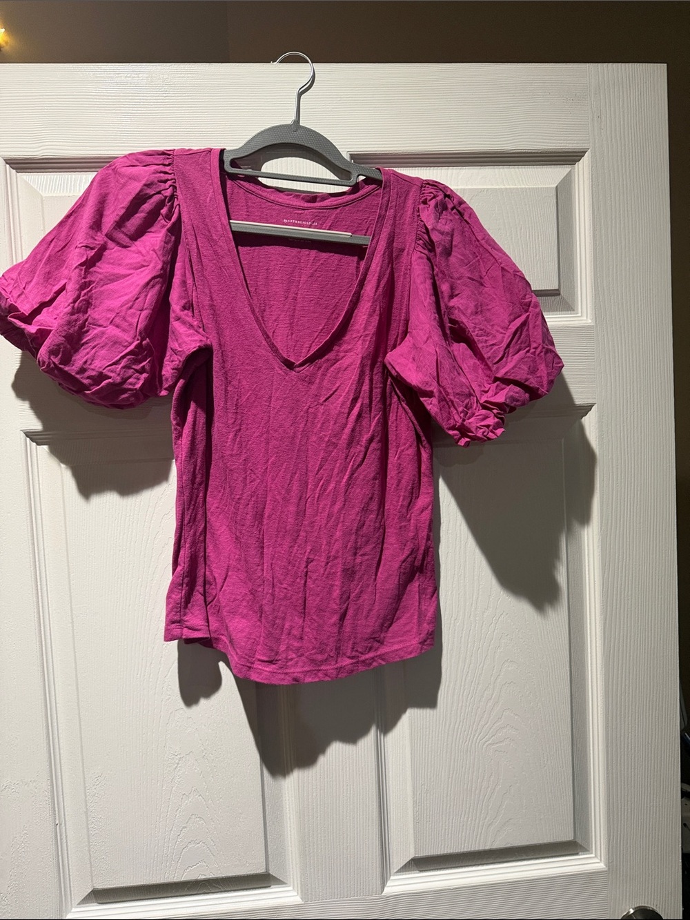 Anthropologie Magenta Puff-Sleeve V-Neck Top
